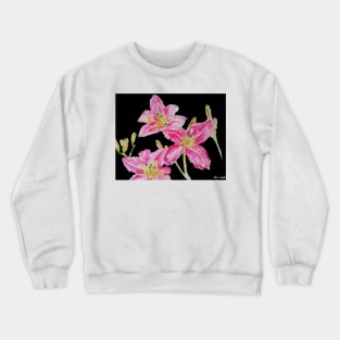 Pink Lily Flower Watercolor Painting Pattern - on Black Crewneck Sweatshirt